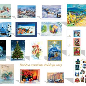 Komplet 12-ih božično-novoletnih voščilnic, koledarjev in nalepk